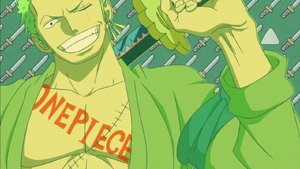 Zoro's 'ONE PIECE' logo on his chest in We Go!