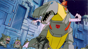 Grimlock roaring at the Sharkticons