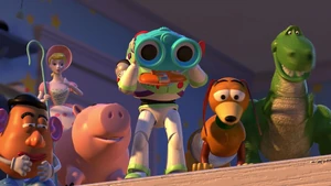 Buzz and his friends searching for Woody