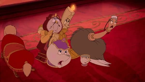 Mrs. Potts and her friends scared when Beast growls viciously as Belle tries to heal his wounds.