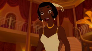 Tiana noticing a man playing a ukulele, thinking it's Naveen.