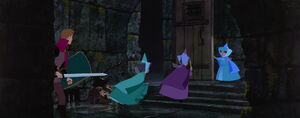 The fairies and Phillip escape from Maleficent's dungeon.