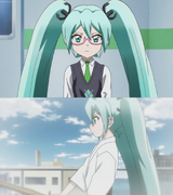 Two of Hatsune Miku's different outfits in the Shinkalion anime series