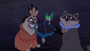 Meeko, Flit and Percy having fixed Pocahontas' necklace.