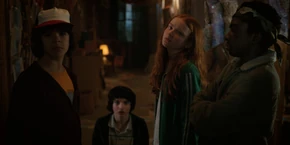 Lucas, Dustin, Mike, and Max hearing Steve object to their plan.