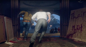 Weaver, Grey, Carver, Maya and Richtofen escaping The Sam Colton Hall Mansion from the mutated fossil.