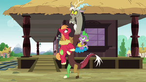 Discord hugging Big McIntosh and Spike S6E17