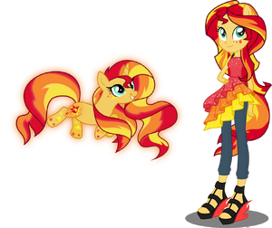 Sunset Shimmer in Rainbow Power form and in her human form