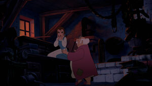 Belle blaming herself for revealing the Beast's existence; thus putting him in danger.