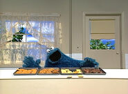 Cookie Monster visits the local bakery to talk about "important".