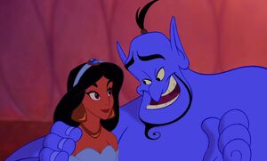 Jasmine with Genie as he tells Aladdin isn't going to find another girl like her.