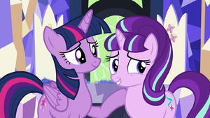 Twilight puts her hoof on Starlight; Starlight smiles S5E26