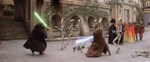 Sabé and the royal court being rescued by Jedis Qui-Gon Jinn and Obi-Wan Kenobi.