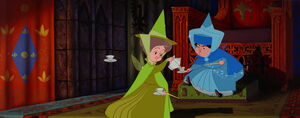 Merryweather noting that the destruction of the spinning wheels won't stop Maleficent.