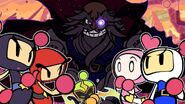 White Bomberman with Pink, Red, and Black confront Buggler on Planet Scrapheap after defeating Plasma Bomber in Super Bomberman R.