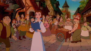 Belle hearing the villagers talking about her.