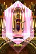 Princess Zelda is imprisoned in a crystal by Ganondorf.