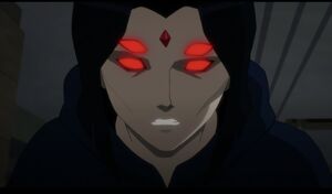 Infuriated by Luthor hurting Damian, Raven begins to turn into her demon form