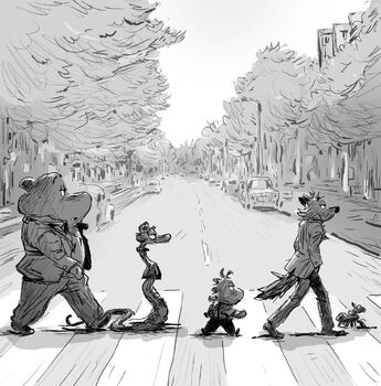 Concept art that parodies Abbey Road