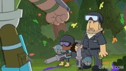 Mr. Ree swiftly evading Lavatore's blasts, successfully outrunning him.