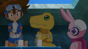 Taichi and Agumon are with Cutemon