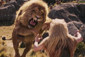 Aslan attacking the White Witch.