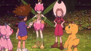 Ep. 37 Taichi, Agumon and Biyomon with Mimi and Lillymon.