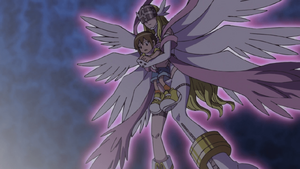 Hikari and Angewomon watching the battle