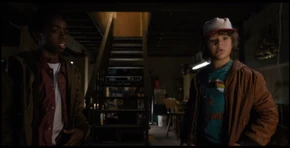 As Mike gets some clothes for Eleven, Lucas and Dustin see how easily startled she is by the sound of thunder.