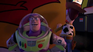 Buzz looks for a spaceship, still unaware he is a toy.