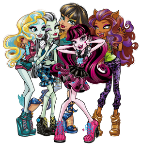 Lagoona Blue with her friends Draculaura Clawdeen Wolf Frankie Stein and Cleo de Nile.