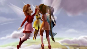 Iridessa, Rosetta, Fawn, and Silvermist high-fiving after they finish bringing autumn to the mainland.