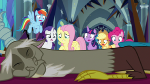 Mane Six looking over Discord's body S9E2