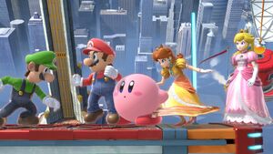 Kirby along with Mario Princess Daisy Luigi and Princess Peach in Super Smash Bros. Ultimate.