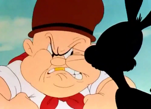 Fat Elmer Fudd doing his Boss Nass impression in front of Bugs Bunny in Wacky Wabbit.