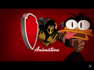 Scorpion in the Warner Bros. Animation logo grabbing Daffy Duck by the neck