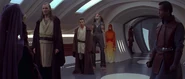 Panaka watching Qui-Gon speak to Queen Amidala.