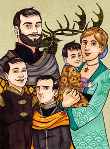 The boy Stannis with his parents and his brothers, Robert and Renly.