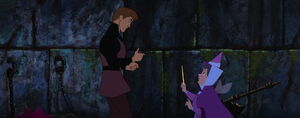Phillip being warned by Flora that he'll come across forces of evil as he journeys to save Aurora from Maleficent's curse.