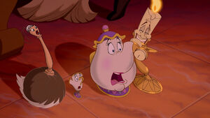 Mrs. Potts panicking when Cogsworth nearly destroys the Enchanted Rose.