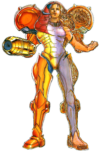 Half X-ray vision of what Samus Aran's suit looks like according to the Super Metroid Nintendo Player's Guide