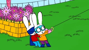 Super Rabbit and Super Ferdi pulling Lily's kite out of a tree
