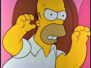 Homer Simpson prepping to strangle his son, Bart.