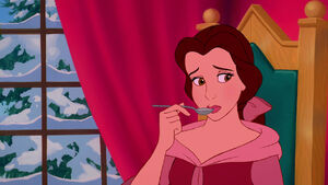 Belle disgusted and uncomfortable when Beast eats his porridge like an animal.