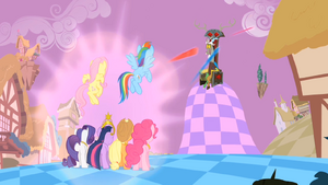 Main ponies shooting the Elements at Discord S2E2