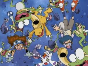 Taichi, Joe, Agumon, Gomamon, Gekomons and Otamamons Falling Down