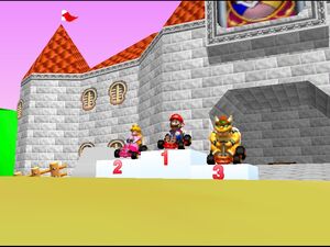 Mario Kart 64 mario peach and bowser in ceremony trophy