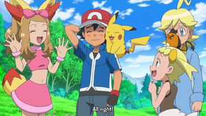 Ash after he agreed to help his friends with Serena's Pokévision video making the girls happy