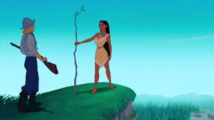 John watching Pocahontas pretend to be a settler claiming the land for his own.