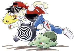 Red in his original outfit with his Pokémon in the Red, Green and Blue arc
